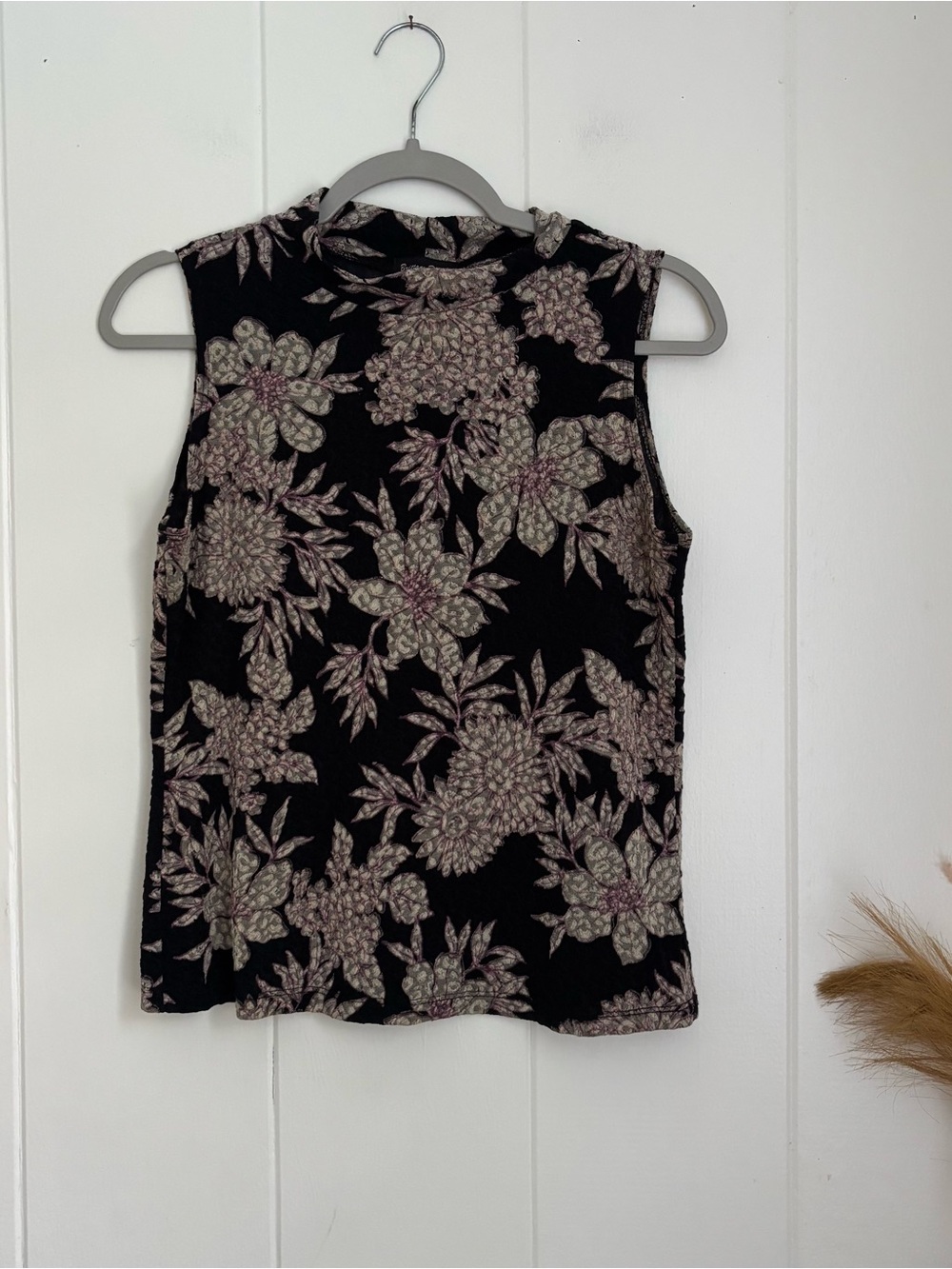 Brittany Black Floral Mock Neck Tank Top in Black and Taupe